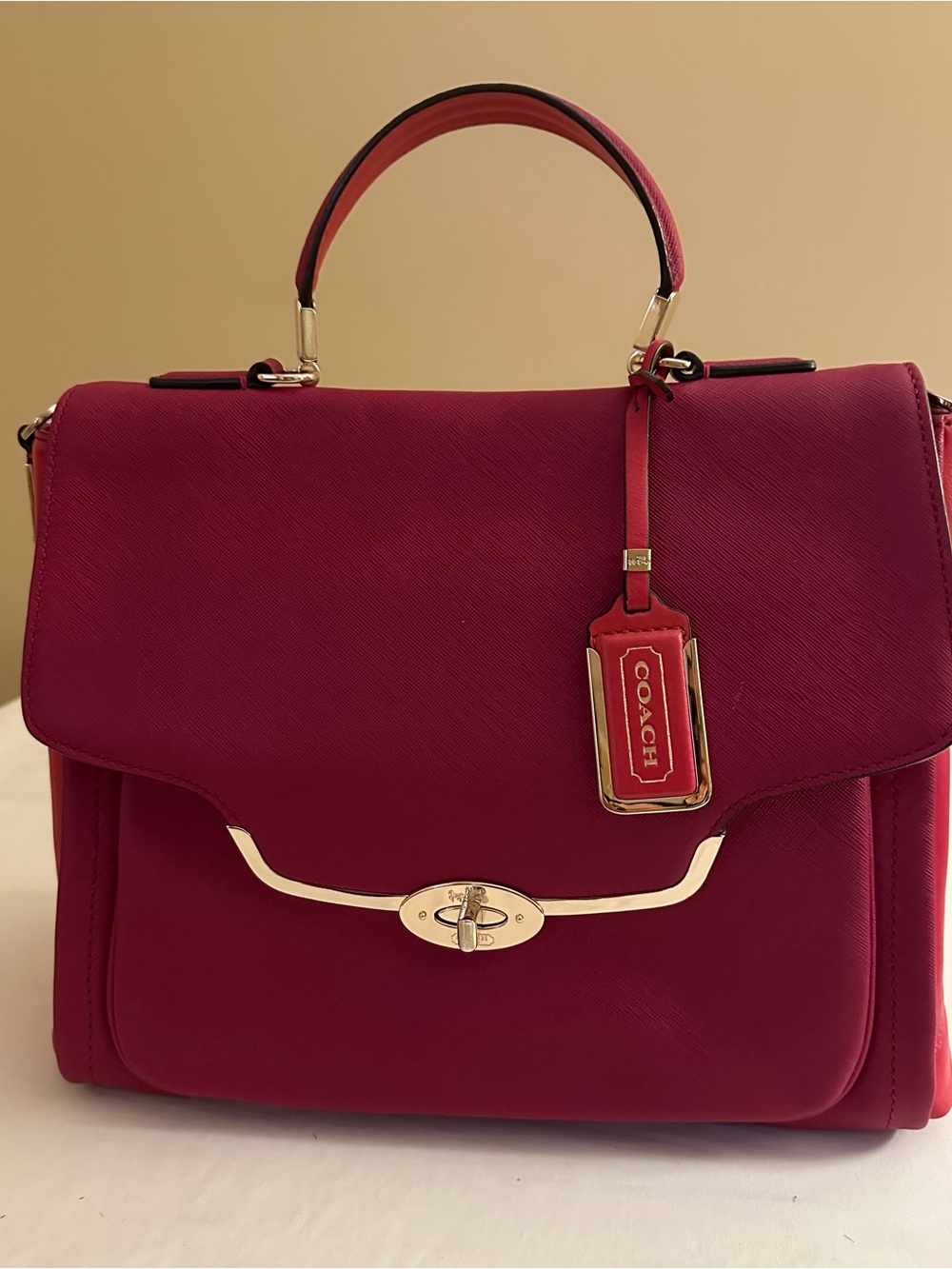 COACH Top- Handle Satchel Red/Fuchsia Leather with Turn-lock.